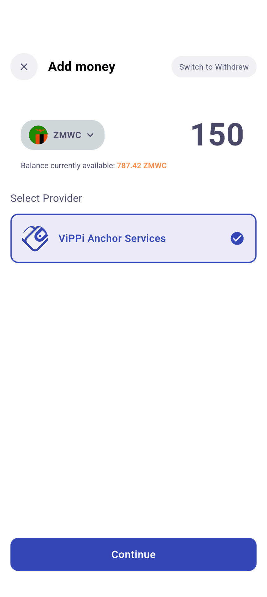 ViPPi Add Money screen showing a 150 ZMWC top-up via ViPPi Anchor Services
