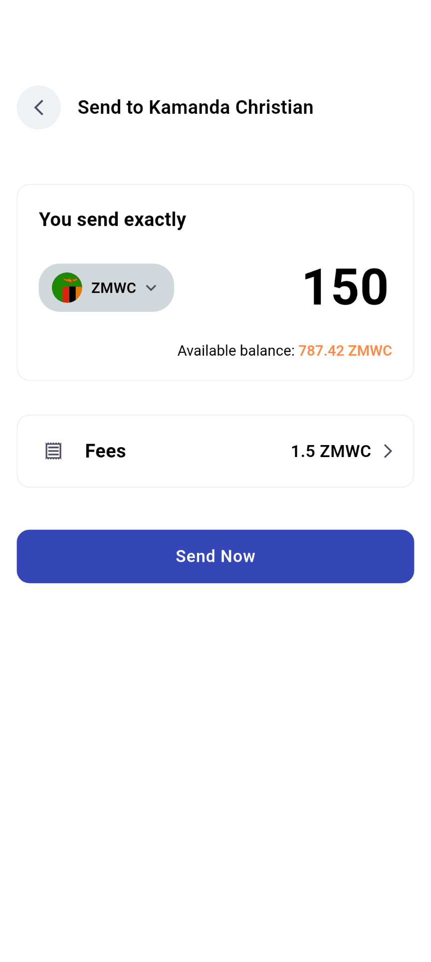 ViPPi Send screen showing a 150 ZMWC transfer to Kamanda Christian with a 1.5 ZMWC fee