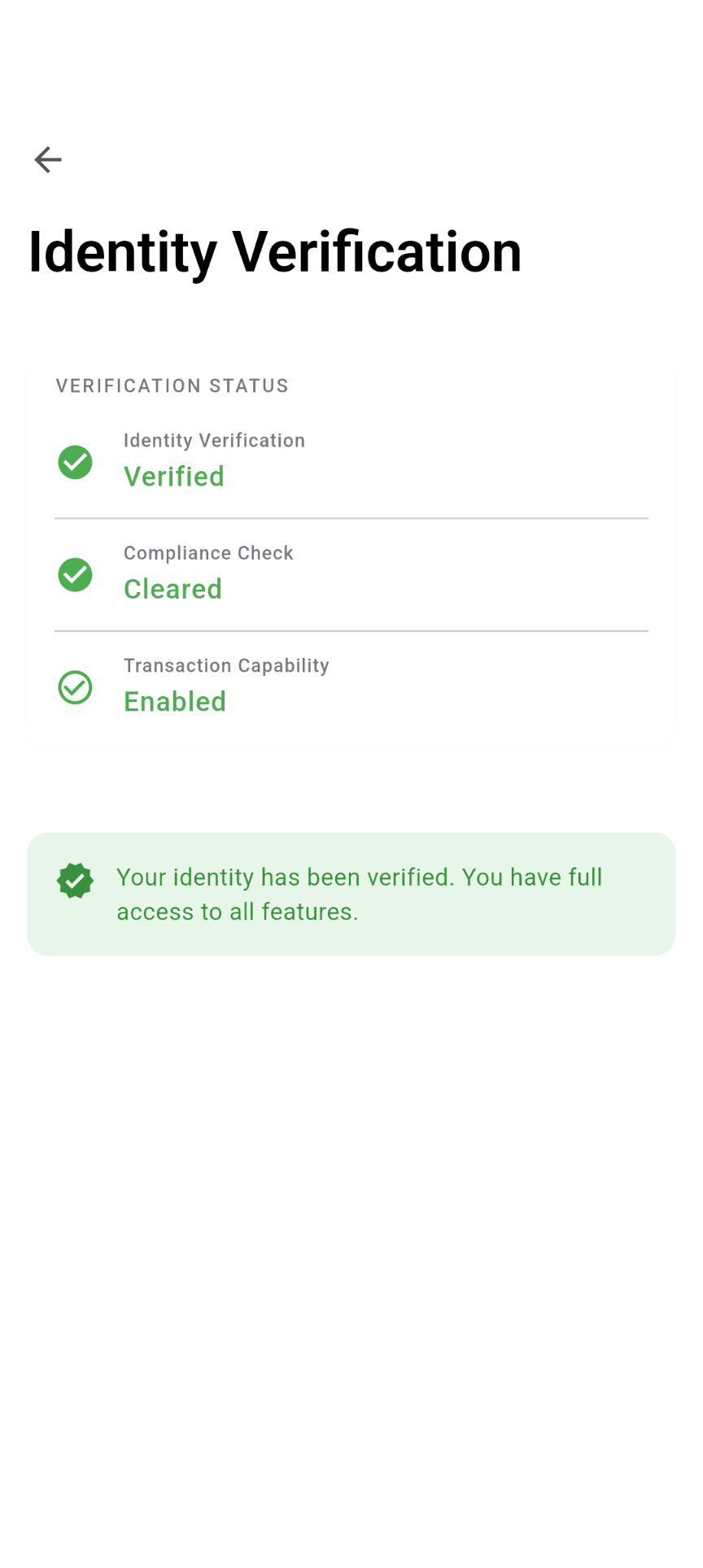 ViPPi identity verification screen showing verified status across ID, compliance and transaction capability